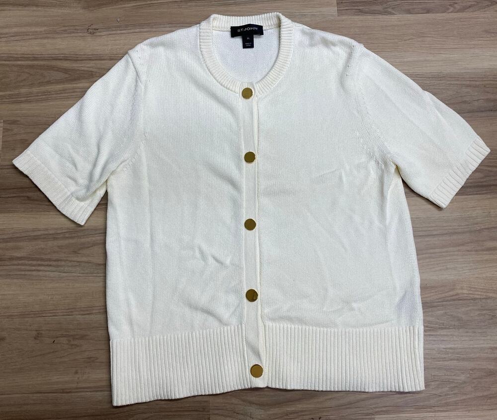 Women ST. JOHN short sleeve cotton knit gold button up cardigan sweater, XL